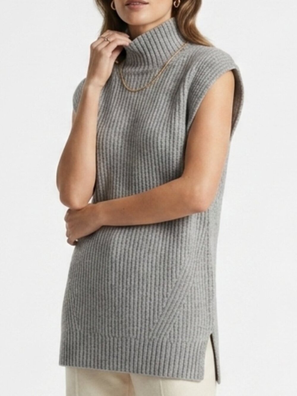 J CREW 100% Cashmere Turtleneck Tunic Sweater Sleeveless Gray XS/S